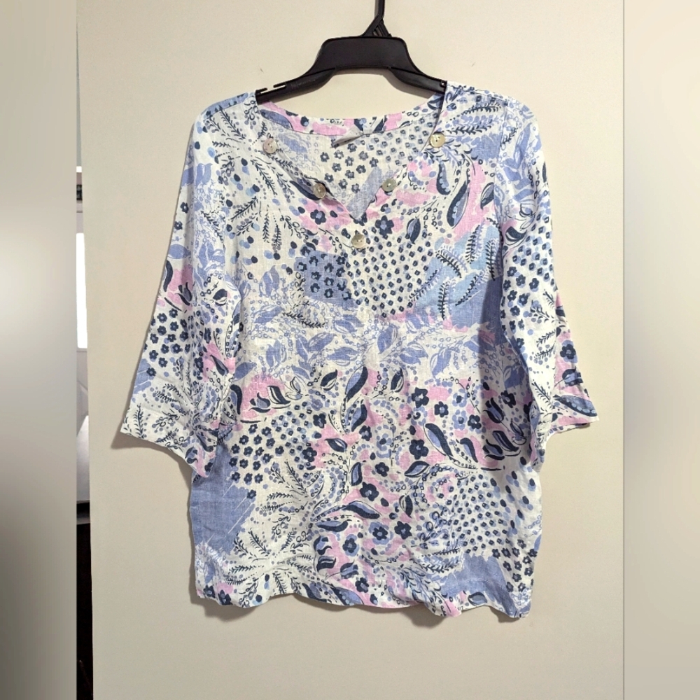 100% Linen Floral print Tunic Shirt. Women's Size M . EUC. Brand Hot Cotton.